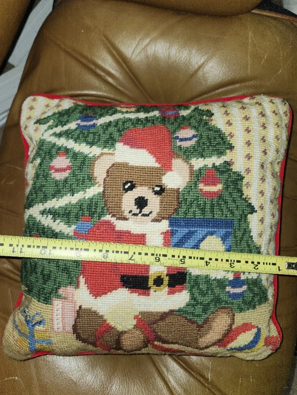 Teddy Bear Needlepoint Holiday Pillow - Red & Green Christmas Accent 11 Inches